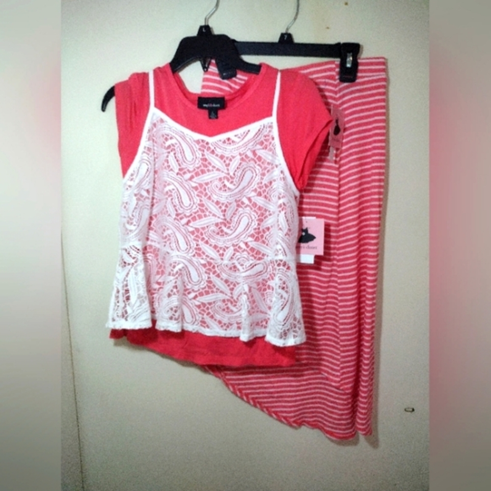 Red and White Lace Top with Striped Skirt